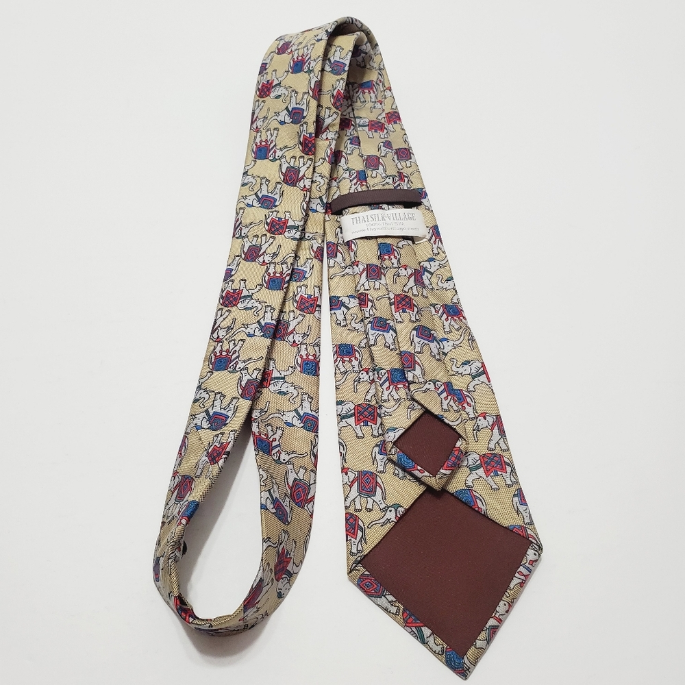 Thai Silk Village Necktie Multicolor Geometric Pattern Men's Silk Elephant Theme - Picture 5 of 5